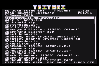 Tritari game selection menu captured in an Atari XL/XE emulator