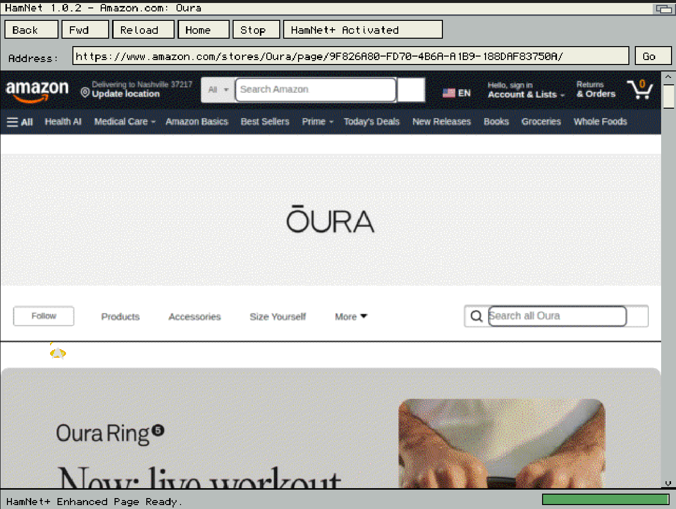 HamNet+ on AmigaOS displaying an Amazon Oura product page over HTTPS