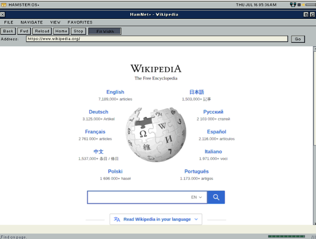 HamNet+ prototype showing Wikipedia translated into the HamsterOS browser shell