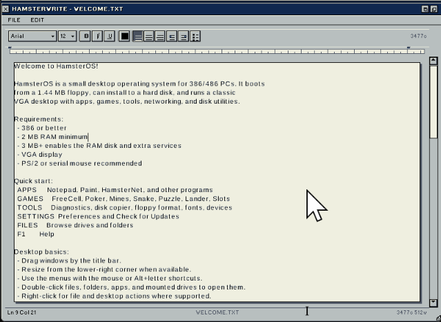 HamWrite word processor running in HamsterOS