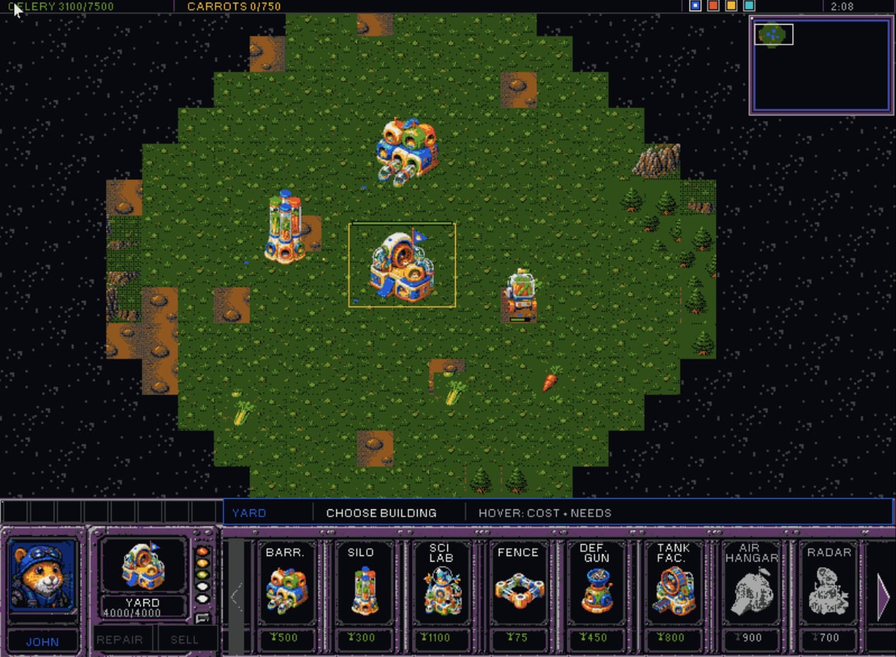 Hamster Command base and construction menu running in HamsterOS