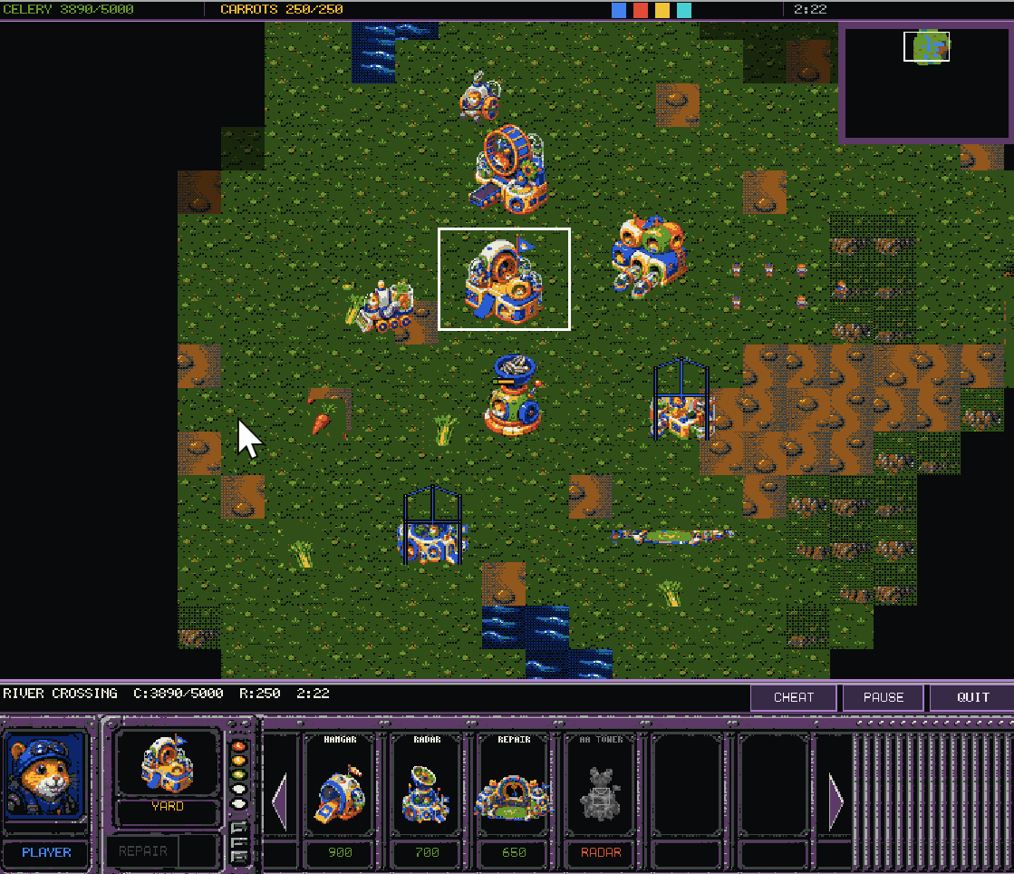 HamsterCommand in-game view with units, terrain, base, and command bar