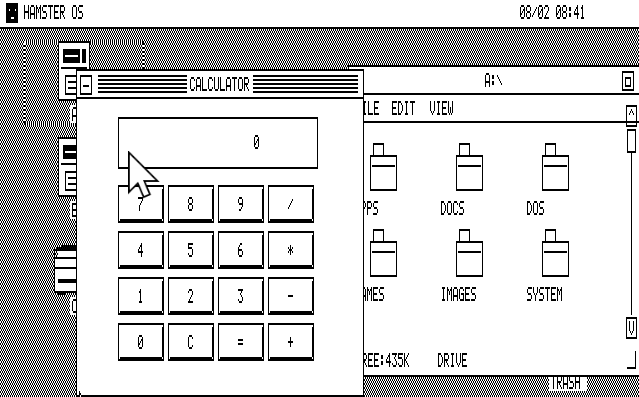 HamsterOS CGA monochrome desktop with Calculator and File Manager
