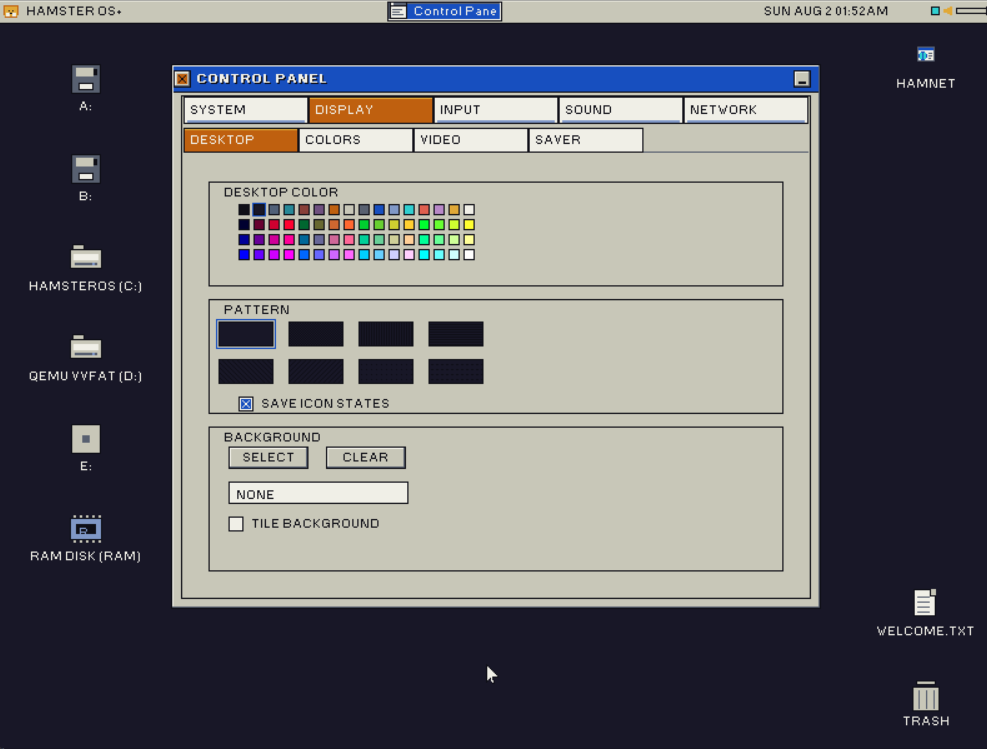 HamsterOS Control Panel showing desktop colors, patterns, and background settings