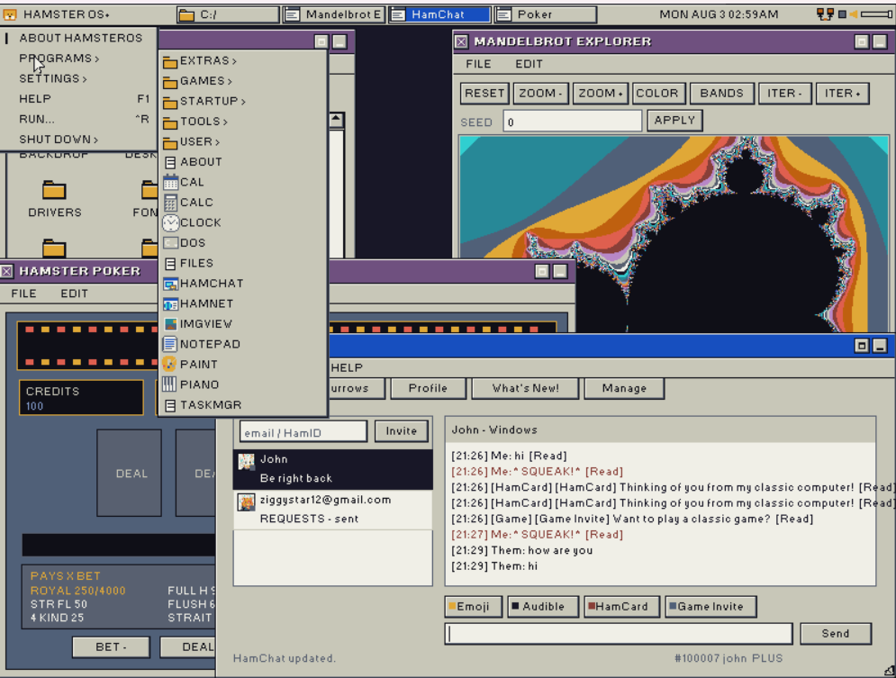 HamsterOS desktop with HamChat, Hamster Poker, Mandelbrot Explorer, and the Programs menu