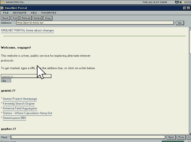 HamNet browsing the SmolNet portal on HamsterOS