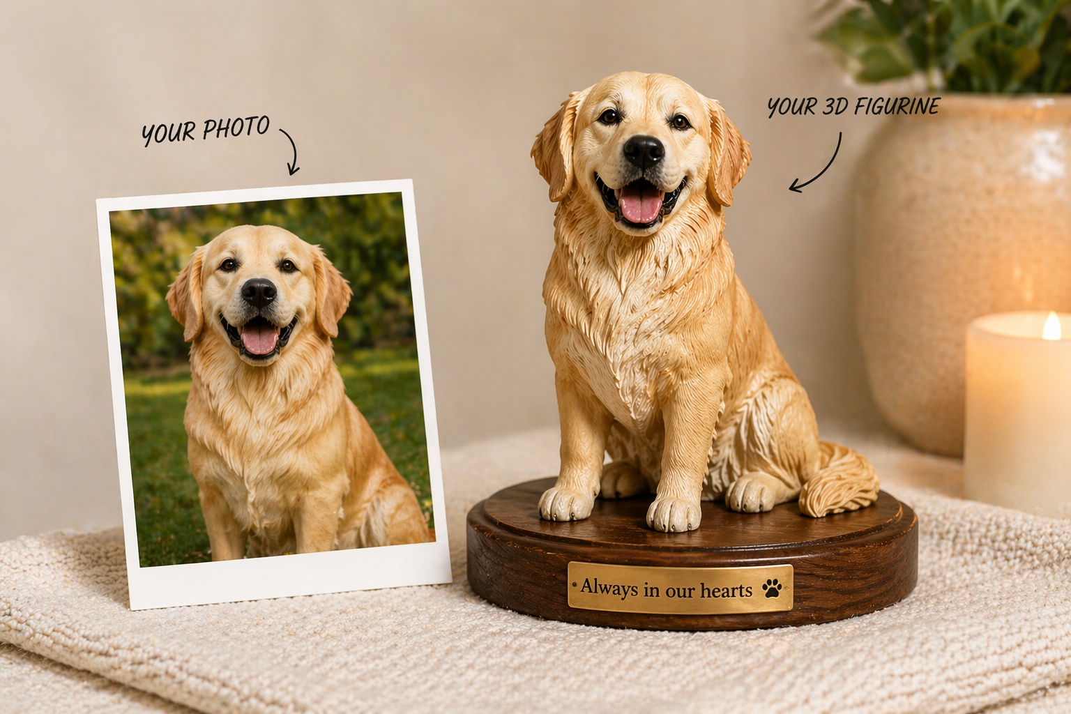 PawPrints 3D pet figurine shown beside the source photo